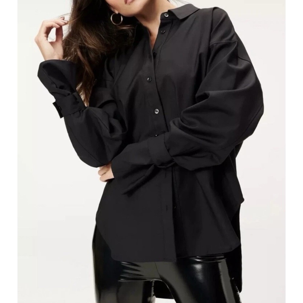 New Good American Shirt Women's Size 00/0 Black Wide Sleeve Tabbed Oversized